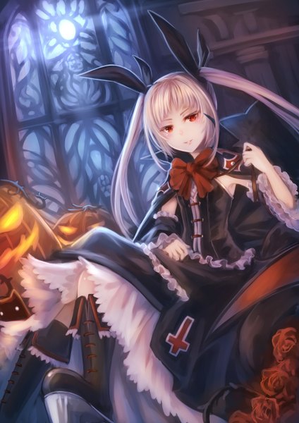 Anime picture 992x1404 with blazblue rachel alucard ks single long hair tall image looking at viewer blonde hair red eyes twintails loli halloween girl dress flower (flowers) bow hair bow boots rose (roses) jack-o'-lantern