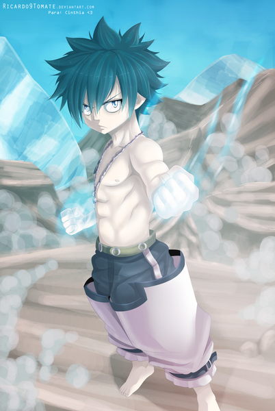 Anime picture 3000x4475 with fairy tail gray fullbuster ric9duran single tall image highres short hair blue eyes black hair sky coloring magic mountain muscle boy pants cross fist