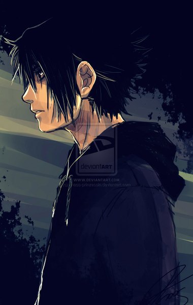 Anime picture 900x1420 with naruto studio pierrot naruto (series) uchiha sasuke khaos-prinzessin single tall image short hair open mouth black hair looking away profile black eyes watermark spiked hair boy