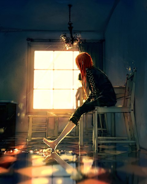 Anime picture 1000x1250 with fisheye placebo robin soloviev yuumei long hair tall image sitting barefoot orange hair checkered floor checkered window curtains chair table lamp glass room debris