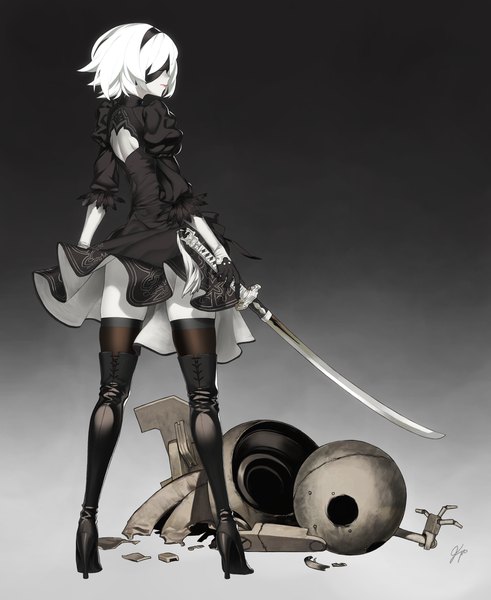 Anime picture 1229x1500 with nier nier:automata yorha no. 2 type b 92m single tall image short hair simple background standing holding signed full body white hair profile from behind high heels zettai ryouiki lipstick gradient background red lipstick