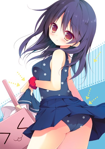 Anime picture 650x919 with kantai collection ushio destroyer izumiyuhina single long hair tall image looking at viewer blush light erotic black hair brown eyes pleated skirt looking back wind polka dot :3 wrist scrunchie > < girl skirt
