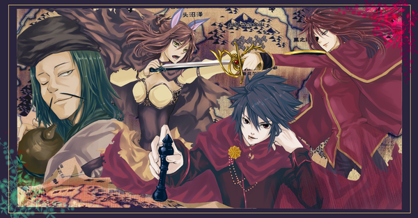 Anime picture 2300x1200 with original pixiv fantasia pixiv fantasia v lalatia-meai long hair highres short hair open mouth brown hair wide image multiple girls animal ears purple hair red hair one eye closed green hair wink black eyes multiple boys framed