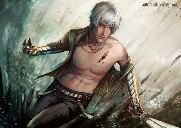 Anime picture 3508x2480 with original sarah-valsheim (cashile) single highres short hair signed absurdres silver hair open clothes grey eyes open shirt piercing boy navel weapon earrings sword belt armor blood