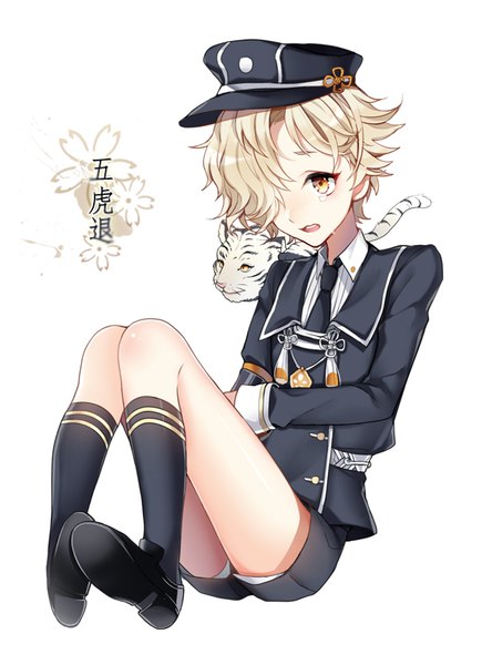 Anime picture 600x826 with touken ranbu nitroplus gokotai gokotai's tigers pingo single tall image fringe short hair open mouth blonde hair simple background white background sitting yellow eyes looking away full body hair over one eye character names tears