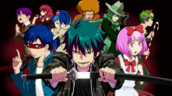 Anime picture 1280x720 with ao no exorcist happy tree friends a-1 pictures okumura rin okumura yukio moriyama shiemi shima renzou kamiki izumo suguro ryuuji miwa konekomaru kirigakure shura flippy fujimoto shirou flaky splendid (htf) giggles nutty petunia shifty toothy