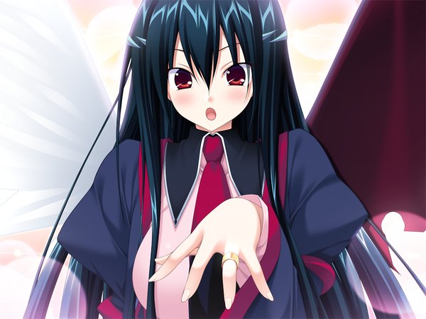 Anime picture 1024x768 with oresama no ragnarock long hair open mouth black hair red eyes game cg girl wings