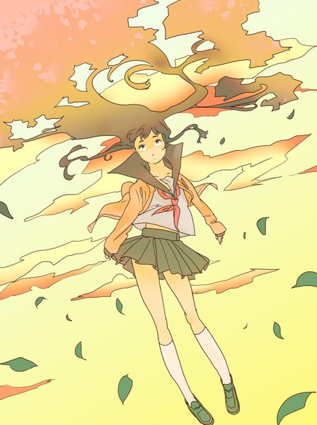 Anime picture 1480x1980 with miyama fugin long hair tall image simple background brown hair sky cloud (clouds) wind flying girl uniform school uniform jacket leaf (leaves)