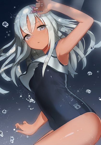 Anime picture 1240x1771 with kantai collection ro-500 submarine ccaw single long hair tall image looking at viewer blush fringe breasts silver hair nail polish parted lips armpit (armpits) thighs dark skin covered navel underwater silver eyes expressionless