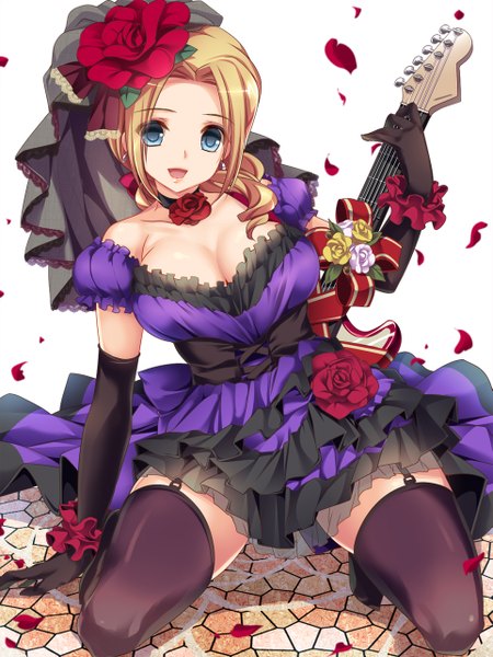 Anime picture 961x1280 with original moneti (daifuku) single long hair tall image looking at viewer open mouth blue eyes blonde hair girl thighhighs dress gloves flower (flowers) black thighhighs petals black gloves elbow gloves guitar