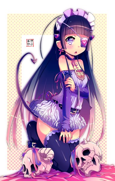 Anime picture 1024x1610 with eudetenis single tall image blush open mouth black hair bare shoulders pink hair tail pink eyes multicolored hair kneeling gradient hair demon tail girl thighhighs dress ribbon (ribbons) black thighhighs earrings