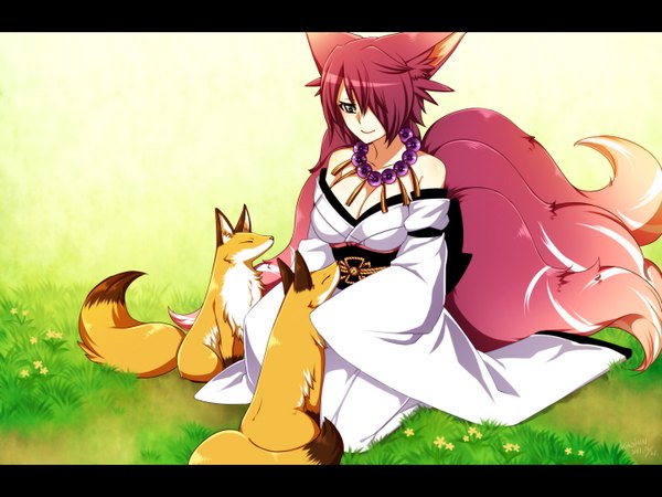 Anime picture 1440x1080 with konshin single fringe short hair breasts light erotic smile bare shoulders purple hair traditional clothes hair over one eye grey eyes fox ears fox tail fox girl girl plant (plants) animal obi grass