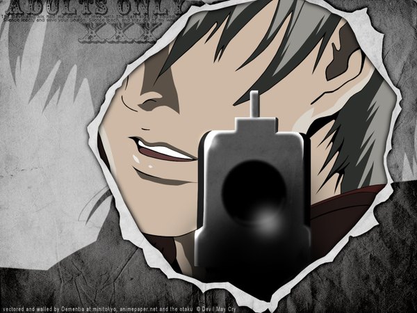 Anime picture 1500x1125 with devil may cry dante (devil may cry) open mouth silver hair close-up boy gun pistol