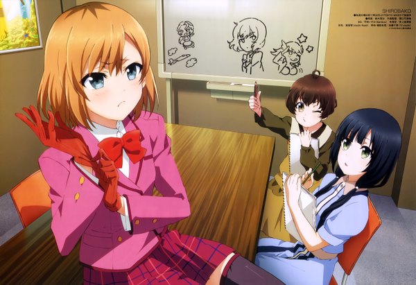 Anime picture 5942x4077 with shirobako p.a. works miyamori aoi yasuhara ema kunogi ai long hair highres short hair blue eyes black hair blonde hair brown hair sitting multiple girls brown eyes absurdres one eye closed wink scan official art