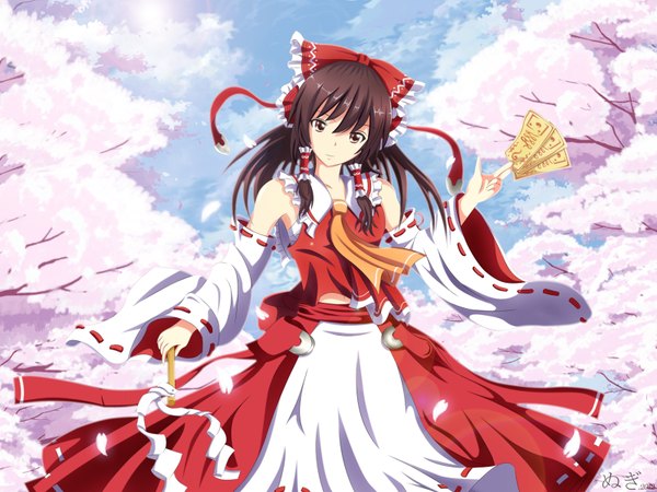 Anime picture 1600x1200 with touhou hakurei reimu nugi (armenci) single long hair brown hair brown eyes sky sunlight cherry blossoms girl dress bow plant (plants) hair bow detached sleeves petals tree (trees) large bow spell card