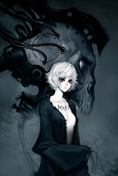 Anime picture 1075x1600 with original asuka111 single tall image short hair red eyes white hair open clothes mechanical albino girl skull wire (wires) robot