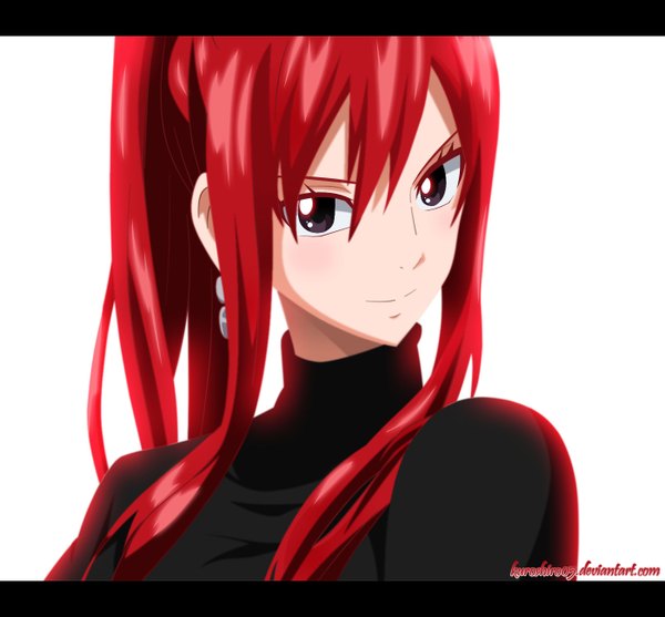 Anime picture 1400x1300 with fairy tail erza scarlet kuroshiro05 single long hair looking at viewer fringe simple background smile red eyes white background ponytail black eyes coloring close-up girl earrings sweater