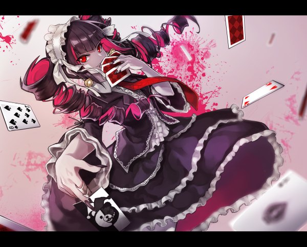 Anime picture 1200x969 with dangan ronpa celestia ludenberg 8c single long hair looking at viewer highres black hair red eyes twintails pink hair nail polish multicolored hair fingernails light smile two-tone hair outstretched arm drill hair letterboxed colored inner hair