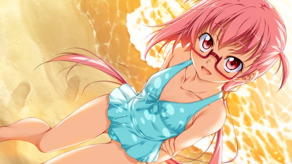 Anime picture 1024x576 with taiyou no promia taiyou no promia flowering days amari na bembe berbel long hair open mouth red eyes wide image pink hair game cg beach evening sunset girl swimsuit glasses