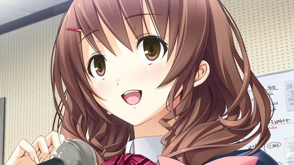 Anime picture 1280x720 with hotch kiss giga mikage shizuku mikoto akemi long hair open mouth brown hair wide image brown eyes game cg girl uniform school uniform microphone