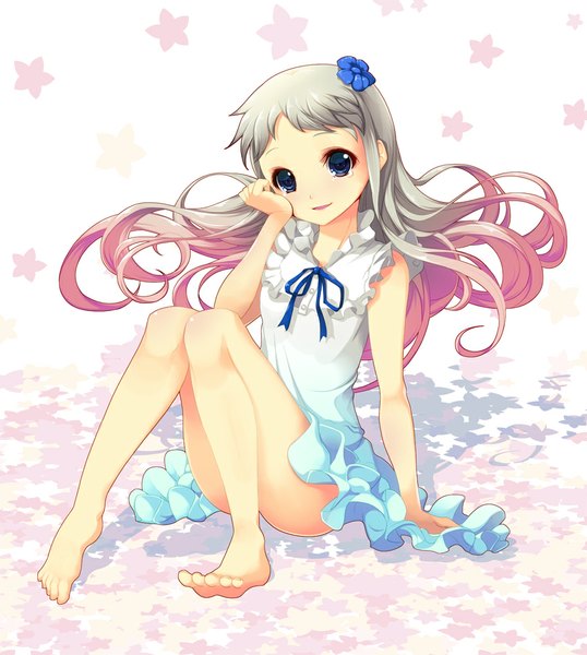 Anime picture 896x1000 with ano hi mita hana no namae wo bokutachi wa mada shiranai a-1 pictures honma meiko koflif single long hair tall image looking at viewer open mouth blue eyes silver hair full body barefoot hair flower bare legs legs tears girl dress hair ornament