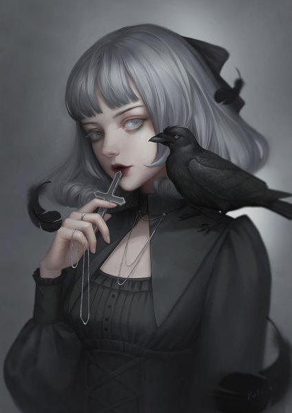 Anime picture 1500x2124 with original pian pian single long hair tall image fringe blunt bangs lips grey hair grey background grey eyes lipstick red lipstick hand to mouth animal on shoulder bird on shoulder girl dress ribbon (ribbons) hair ribbon