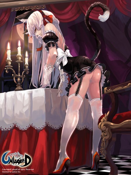 Anime picture 3000x4000 with unleashed qbspdl single long hair tall image highres light erotic brown eyes animal ears ass white hair tail animal tail cat ears maid cat girl cat tail girl thighhighs dress