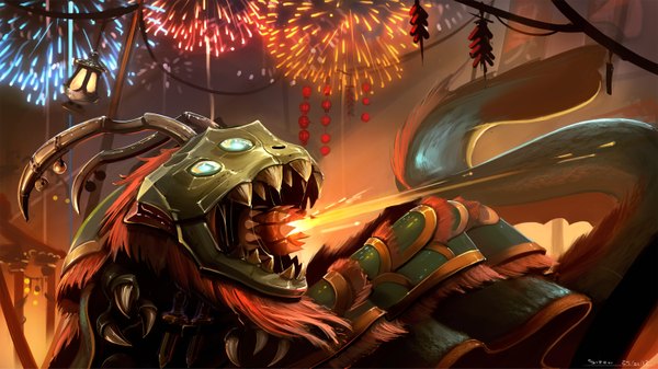 Anime picture 3000x1689 with league of legends kog'maw (league of legends) highres open mouth wide image night teeth sharp teeth fireworks fire lantern dragon claws