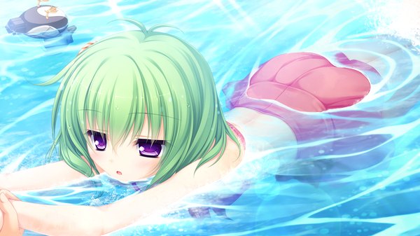 Anime picture 1920x1080 with justy nasty whirlpool (studio) kagami hibiki mikagami mamizu highres short hair wide image purple eyes game cg green hair girl swimsuit water