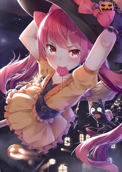 Anime picture 1062x1500 with original alexmaster long hair tall image looking at viewer blush smile red eyes twintails red hair night halloween flying smirk broom riding girl dress gloves ribbon (ribbons) hair ribbon