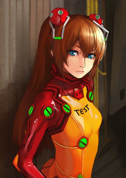 Anime picture 744x1052 with neon genesis evangelion rebuild of evangelion evangelion: 2.0 you can (not) advance gainax soryu asuka langley shikinami asuka langley felipe single tall image looking at viewer breasts blue eyes brown hair lips hand on hip girl hair ornament bodysuit wall pilot suit