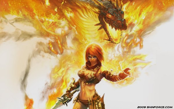 Anime picture 1280x800 with golden axe: beast rider (game) short hair wide image green eyes orange hair face paint girl sword armor fire dragon