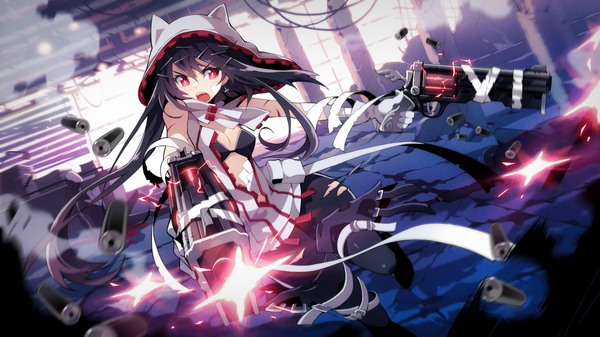 Anime picture 1280x720 with soul worker iris yuma single long hair highres open mouth black hair red eyes wide image animal ears cat ears torn clothes smoke lightning casing ejection girl gloves hair ornament weapon earrings