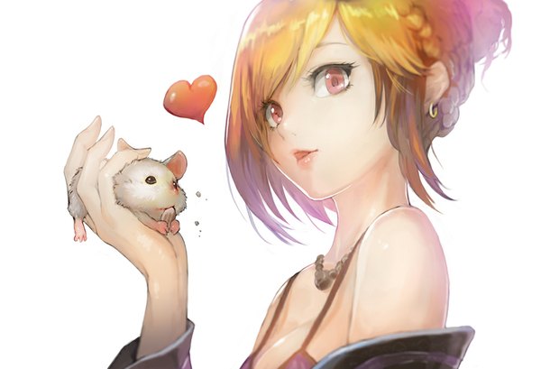 Anime picture 1000x683 with original meto31 single looking at viewer short hair blonde hair simple background white background holding braid (braids) pink eyes girl dress earrings animal necktie heart hamster