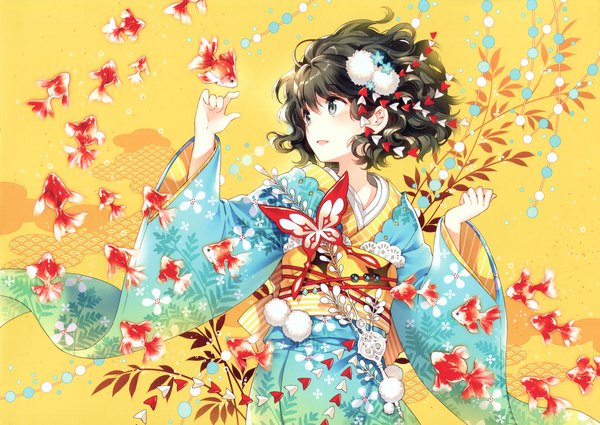 Anime picture 4641x3289 with original butterfly dream (artbook) nardack single blush highres short hair black hair looking away absurdres traditional clothes japanese clothes scan grey eyes curly hair seigaiha girl hair ornament animal kimono