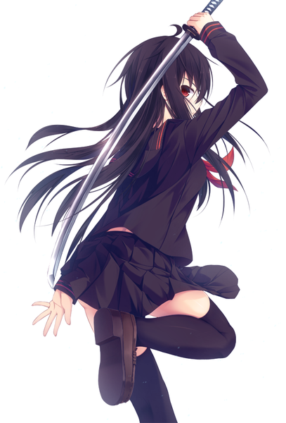 Anime picture 693x1020 with original nagishiro mito single long hair tall image looking at viewer fringe black hair simple background red eyes standing white background holding bent knee (knees) profile pleated skirt zettai ryouiki leg lift (legs lift) fighting stance girl