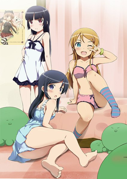 Anime picture 800x1131 with ore no imouto ga konna ni kawaii wake ga nai gokou ruri kousaka kirino aragaki ayase kotobamaru long hair tall image looking at viewer blush open mouth blue eyes light erotic black hair blonde hair red eyes purple eyes multiple girls ass one eye closed barefoot