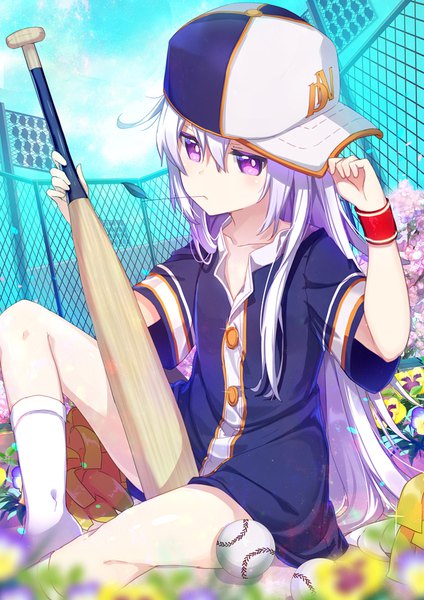 Anime picture 707x1000 with original moe2017 nyori single long hair tall image blush fringe hair between eyes sitting purple eyes holding sky silver hair cloud (clouds) bent knee (knees) short sleeves mouth hold open collar adjusting hat