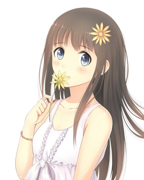 Anime picture 1200x1500 with original ltt challenger single long hair tall image looking at viewer blush blue eyes simple background brown hair white background bare shoulders hair flower girl dress hair ornament flower (flowers) sundress