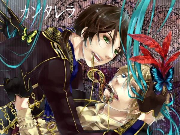 Anime picture 1600x1200 with vocaloid cantarella (vocaloid) tagme (character) long hair looking at viewer short hair blue eyes blonde hair brown hair green eyes ponytail lying from behind aqua hair multiple boys couple hug striped reclining face to face