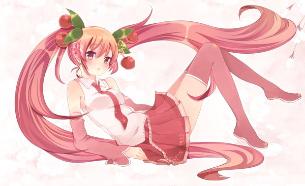 Anime picture 1470x900 with vocaloid hatsune miku sakura miku long hair blush simple background red eyes wide image white background twintails pink hair girl skirt detached sleeves miniskirt food thigh boots berry (berries) cherry
