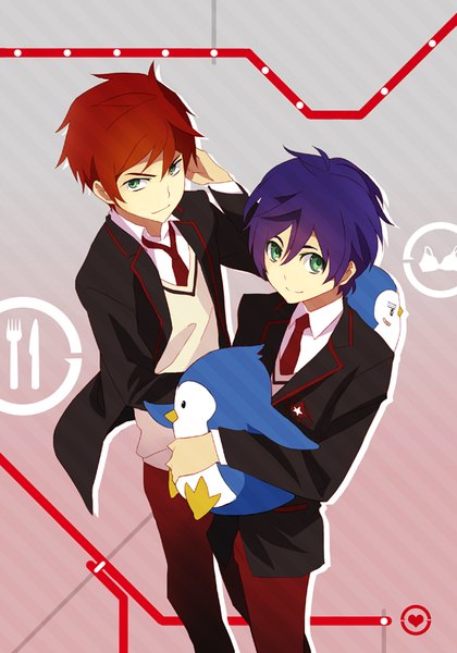 Anime picture 561x800 with mawaru penguindrum takakura kanba takakura shouma penguin 1-gou penguin 2-gou takerusilt tall image fringe short hair smile hair between eyes green eyes blue hair looking away red hair from above grey background multiple boys hand on head siblings