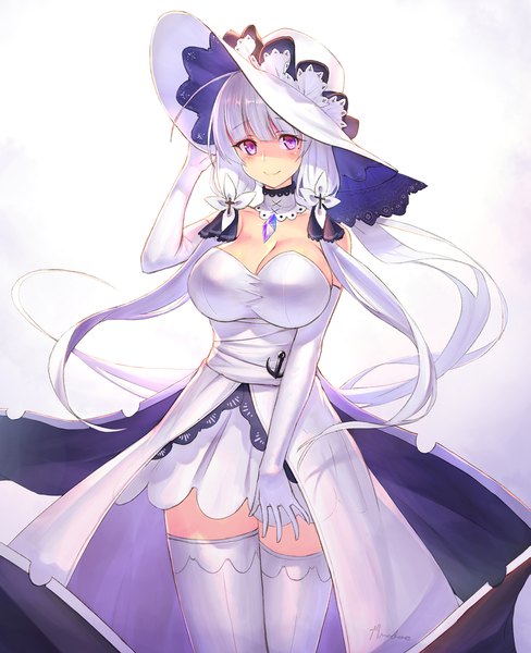 Anime picture 1405x1726 with azur lane illustrious (azur lane) takamine nadare single long hair tall image looking at viewer blush fringe breasts simple background smile hair between eyes large breasts standing twintails purple eyes signed cleavage silver hair