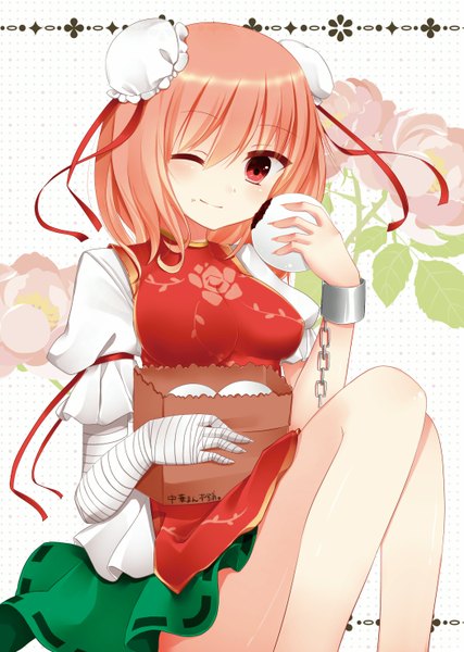 Anime picture 1049x1474 with touhou ibaraki kasen yuzuki (blossom) tall image short hair red eyes red hair one eye closed wink eating girl dress ribbon (ribbons) hair ribbon food bandage (bandages) bun cover