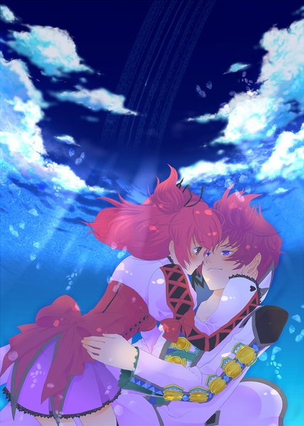 Anime picture 1500x2103 with tales of graces asbel lhant cheria barnes tall image blush short hair blue eyes brown eyes pink hair cloud (clouds) couple almost kiss girl dress boy