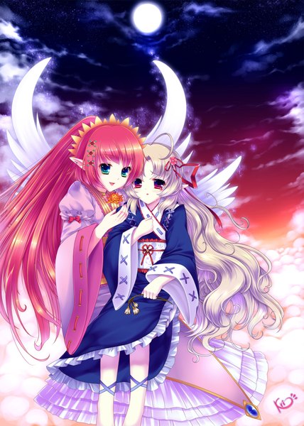 Anime picture 1600x2245 with original sasori gatame (krizpi) long hair tall image blush open mouth smile red eyes multiple girls green eyes pink hair silver hair cloud (clouds) ahoge ponytail japanese clothes pointy ears night sky girl flower (flowers)
