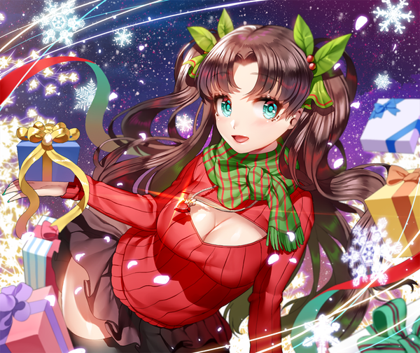Anime picture 1000x840 with fate (series) fate/stay night type-moon toosaka rin ruhee single long hair fringe open mouth light erotic black hair brown hair twintails looking away cleavage :d aqua eyes christmas adapted costume girl