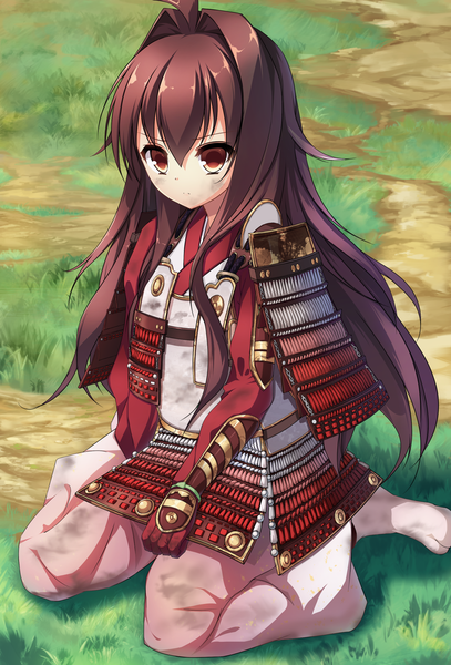 Anime picture 1900x2800 with original riburanomind single long hair tall image looking at viewer highres brown hair brown eyes traditional clothes japanese clothes girl plant (plants) armor grass