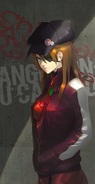 Anime picture 561x1080 with neon genesis evangelion rebuild of evangelion evangelion: 3.0 you can (not) redo gainax soryu asuka langley shikinami asuka langley moxhum single long hair tall image looking at viewer blue eyes brown hair upper body hands in pockets unzipped girl hat bodysuit eyepatch