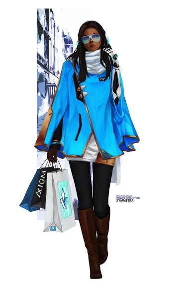 Anime picture 2108x3508 with overwatch blizzard entertainment symmetra (overwatch) monori rogue single long hair tall image highres black hair brown eyes signed looking away full body outdoors character names dark skin city adjusting hair walking forehead mark